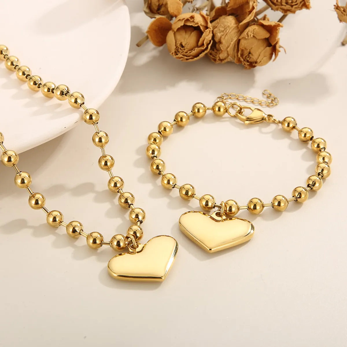 Wholesale Casual Vacation Heart Shape Titanium Steel Plating 18k Gold Plated Bracelets Necklace