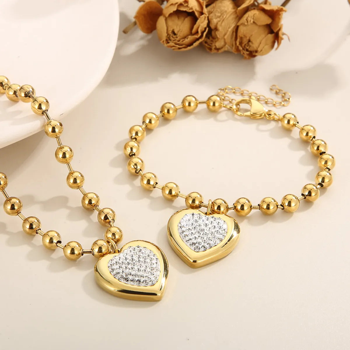 Casual Vacation Heart Shape Titanium Steel Plating 18k Gold Plated Bracelets Necklace