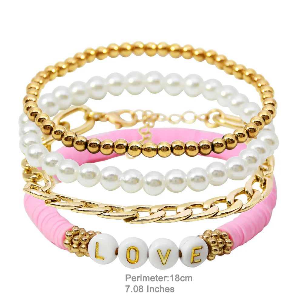 Casual Vacation Letter Artificial Pearl Alloy Soft Clay Beaded Gold Plated Women'S Bracelets