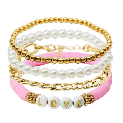 Casual Vacation Letter Artificial Pearl Alloy Soft Clay Beaded Gold Plated Women'S Bracelets