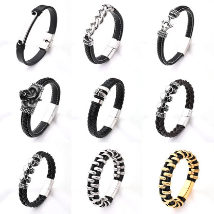 Casual Vacation Streetwear Anchor Snake Skull 18K Gold Plated 304 Stainless Steel Genuine Cowhide Wholesale Wristband