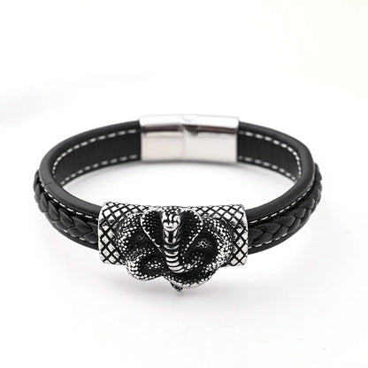 Casual Vacation Streetwear Anchor Snake Skull 18K Gold Plated 304 Stainless Steel Genuine Cowhide Wholesale Wristband