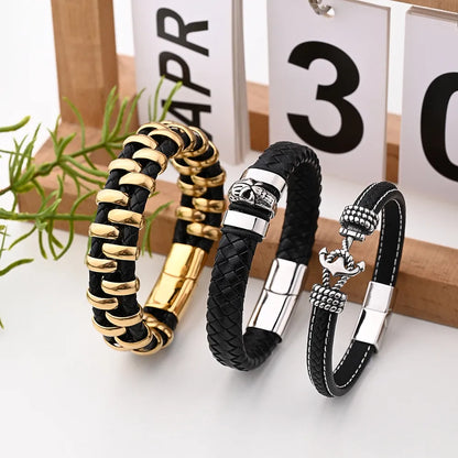 Casual Vacation Streetwear Anchor Snake Skull 18K Gold Plated 304 Stainless Steel Genuine Cowhide Wholesale Wristband