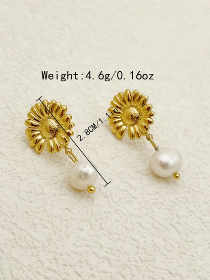 Casual Vacation Sunflower Stainless Steel Metal Pearl Plating Gold Plated Women's Drop Earrings