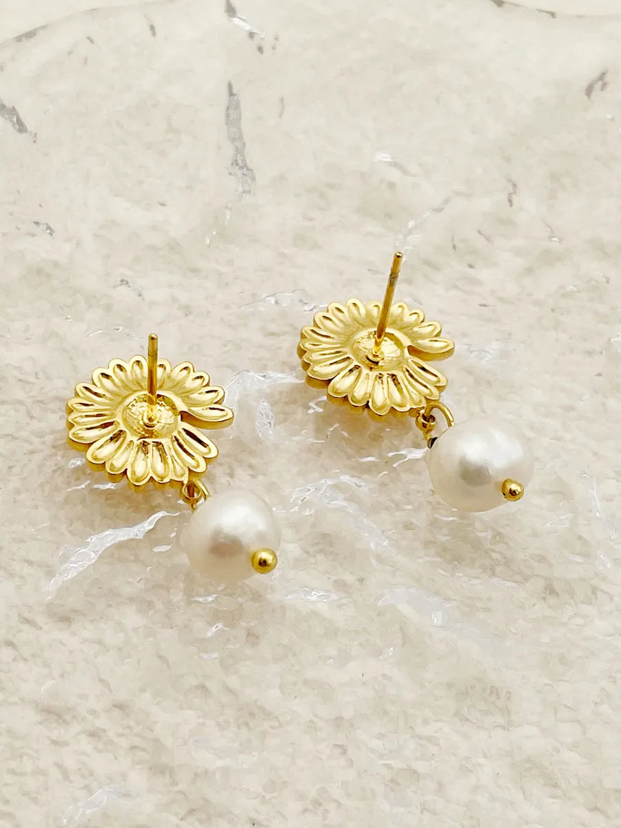 Casual Vacation Sunflower Stainless Steel Metal Pearl Plating Gold Plated Women's Drop Earrings