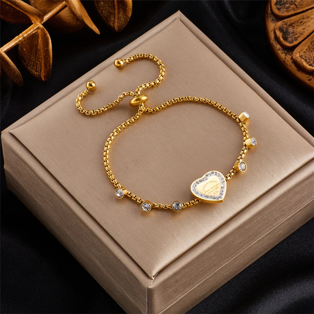 Casual Vintage Style Letter Heart Shape Stainless Steel Plating Inlay Rhinestones 18k Gold Plated Bracelets