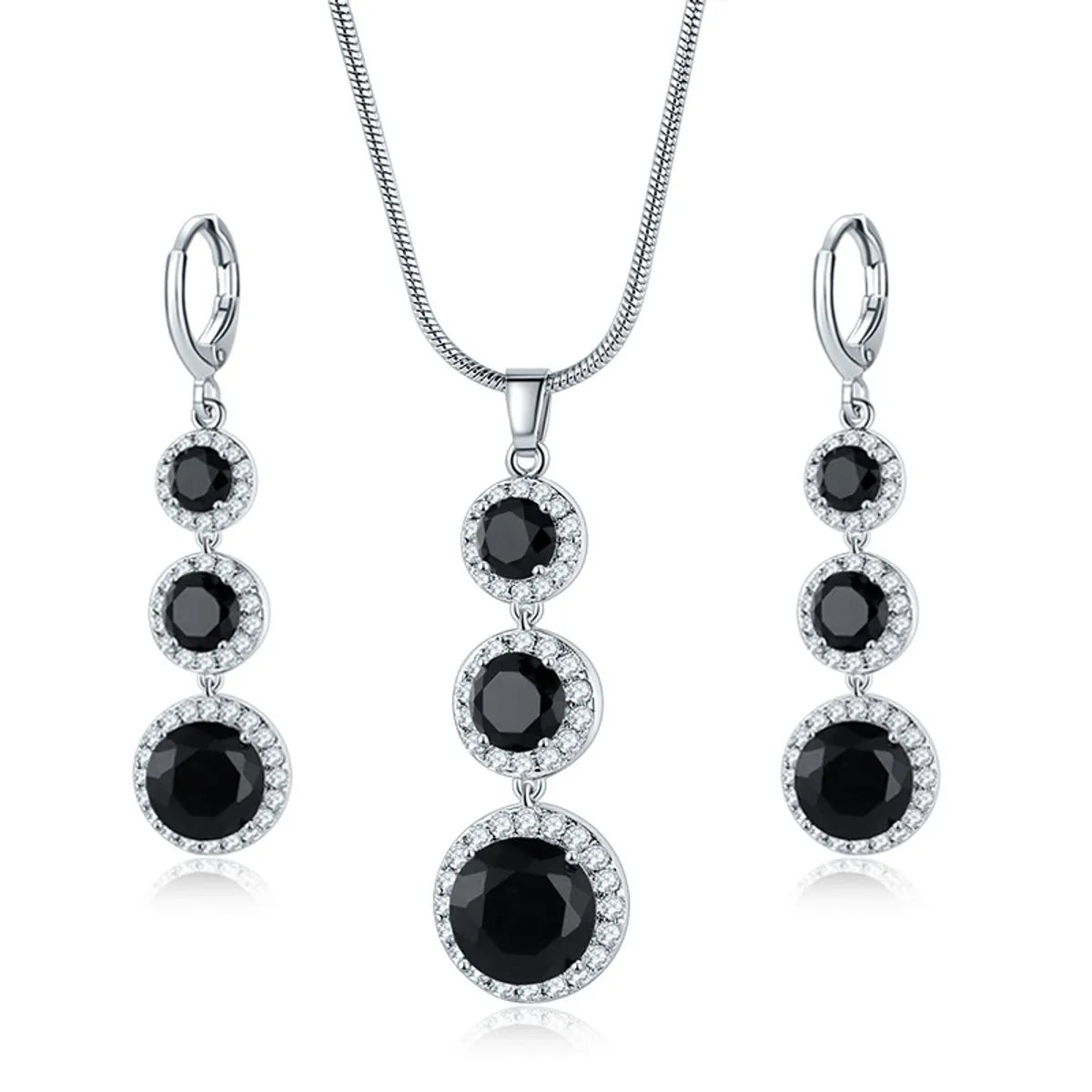 Copper Zircon Rhodium Plated Casual Vintage Style Inlay Round Zircon Earrings Necklace Jewelry Set