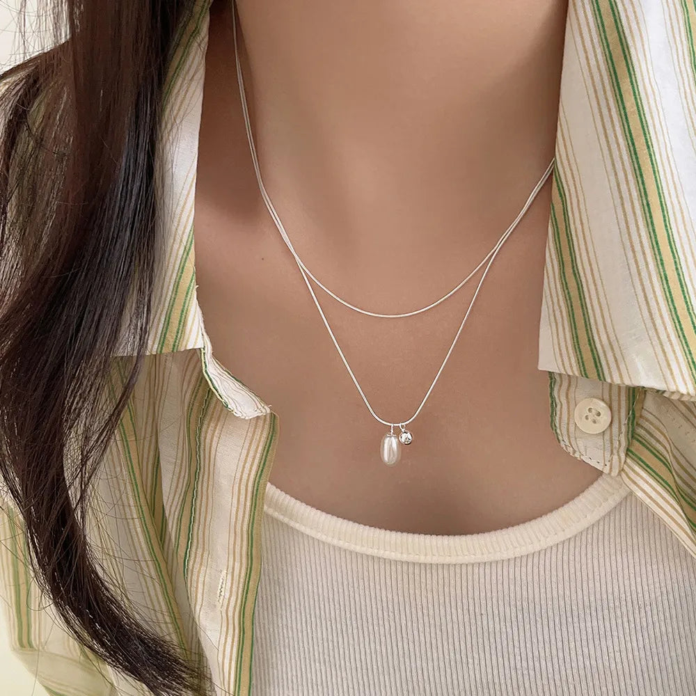 Casual Water Droplets Sterling Silver Plating Inlay Freshwater Pearl Silver Plated Pendant Necklace