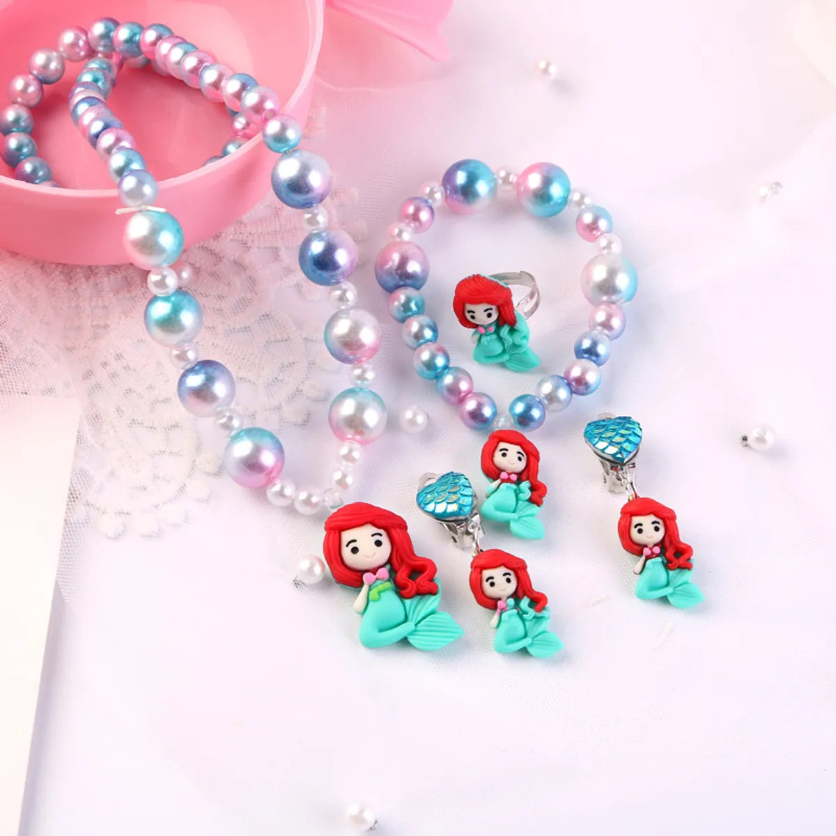 Children'S Day Necklace Bracelet Earrings Five-Piece Set Cartoon Classic Mermaid Jewelry Girls Princess Jewelry Free Shipping