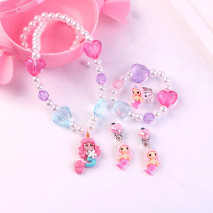 Children'S Day Necklace Bracelet Earrings Five-Piece Set Cartoon Classic Mermaid Jewelry Girls Princess Jewelry Free Shipping