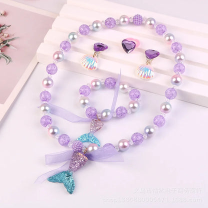 Children'S Necklace Mermaid Tail Pearl Necklace Bracelet Ring Earring Set