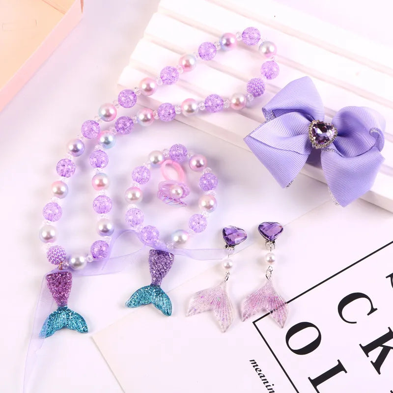 Children'S Necklace Mermaid Tail Pearl Necklace Bracelet Ring Earring Set