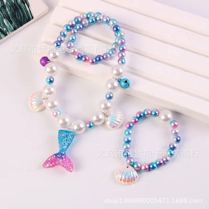 Children'S Necklace Mermaid Tail Pearl Necklace Bracelet Ring Earring Set