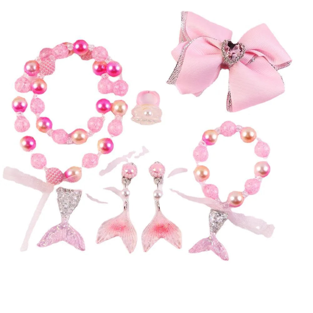 Children'S Necklace Mermaid Tail Pearl Necklace Bracelet Ring Earring Set