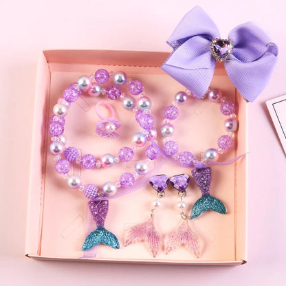 Children'S Necklace Mermaid Tail Pearl Necklace Bracelet Ring Earring Set