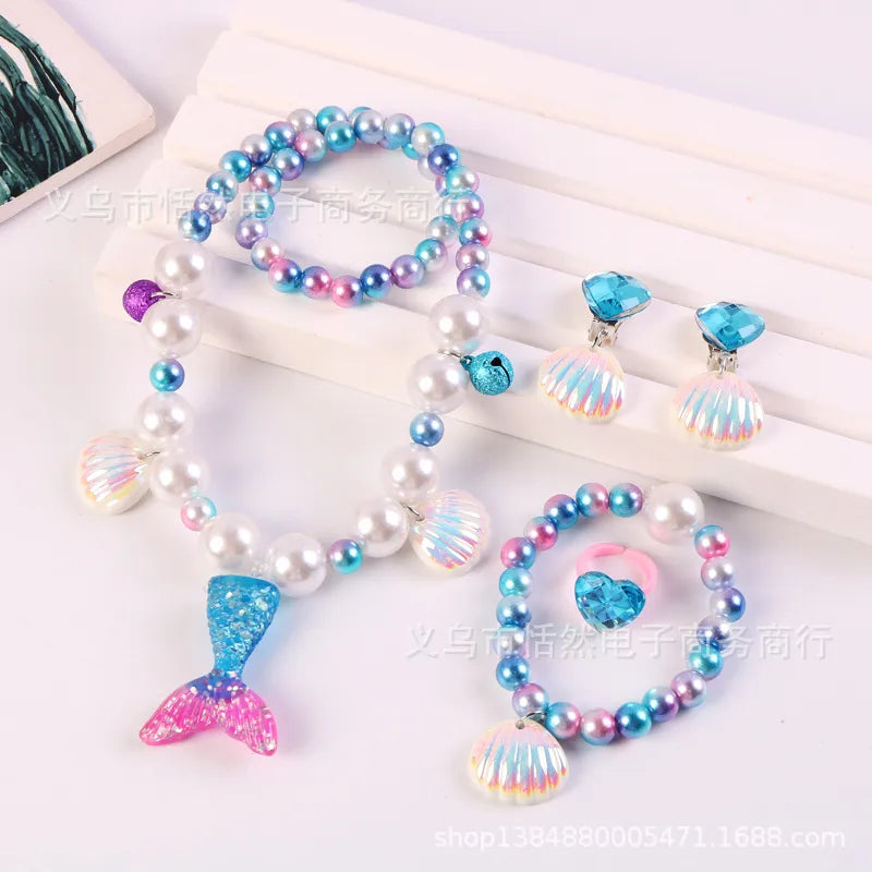 Children'S Necklace Mermaid Tail Pearl Necklace Bracelet Ring Earring Set