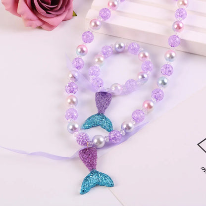 Children'S Necklace Mermaid Tail Pearl Necklace Bracelet Ring Earring Set