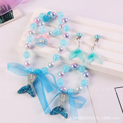 Children'S Necklace Mermaid Tail Pearl Necklace Bracelet Ring Earring Set