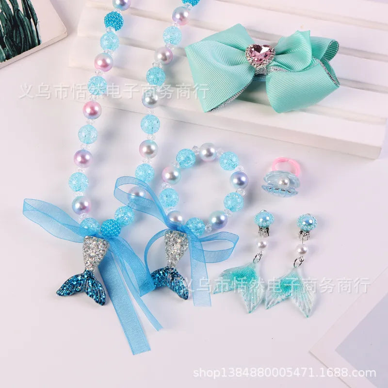 Children'S Necklace Mermaid Tail Pearl Necklace Bracelet Ring Earring Set