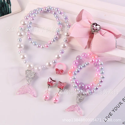 Children'S Necklace Mermaid Tail Pearl Necklace Bracelet Ring Earring Set