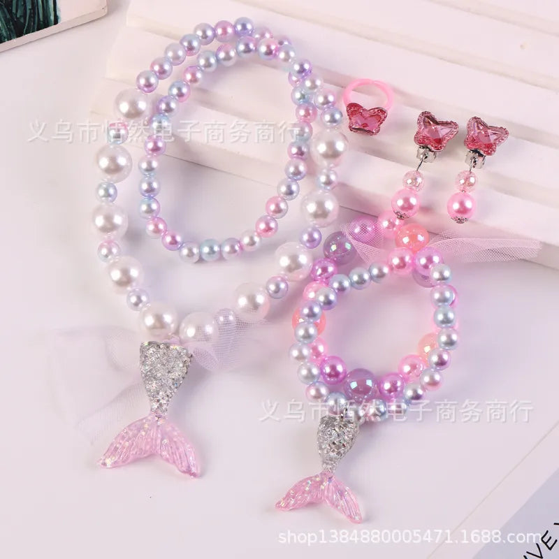 Children'S Necklace Mermaid Tail Pearl Necklace Bracelet Ring Earring Set