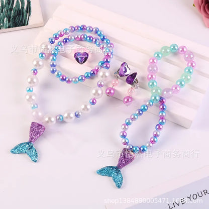 Children'S Necklace Mermaid Tail Pearl Necklace Bracelet Ring Earring Set