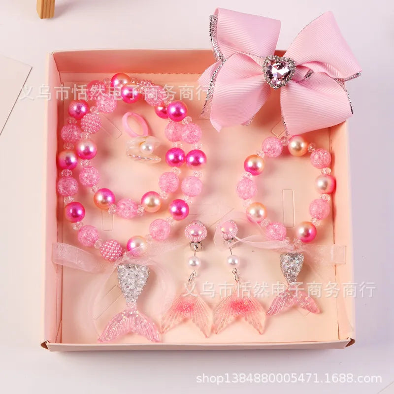 Children'S Necklace Mermaid Tail Pearl Necklace Bracelet Ring Earring Set