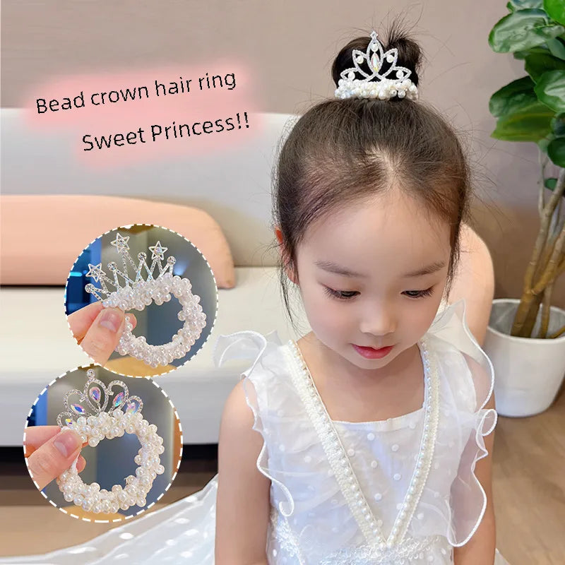 Children'S Princess Crown Hair Accessories Pearl Ball Hair Loop Hair Rope Little Girl Hair  Pearl Crown