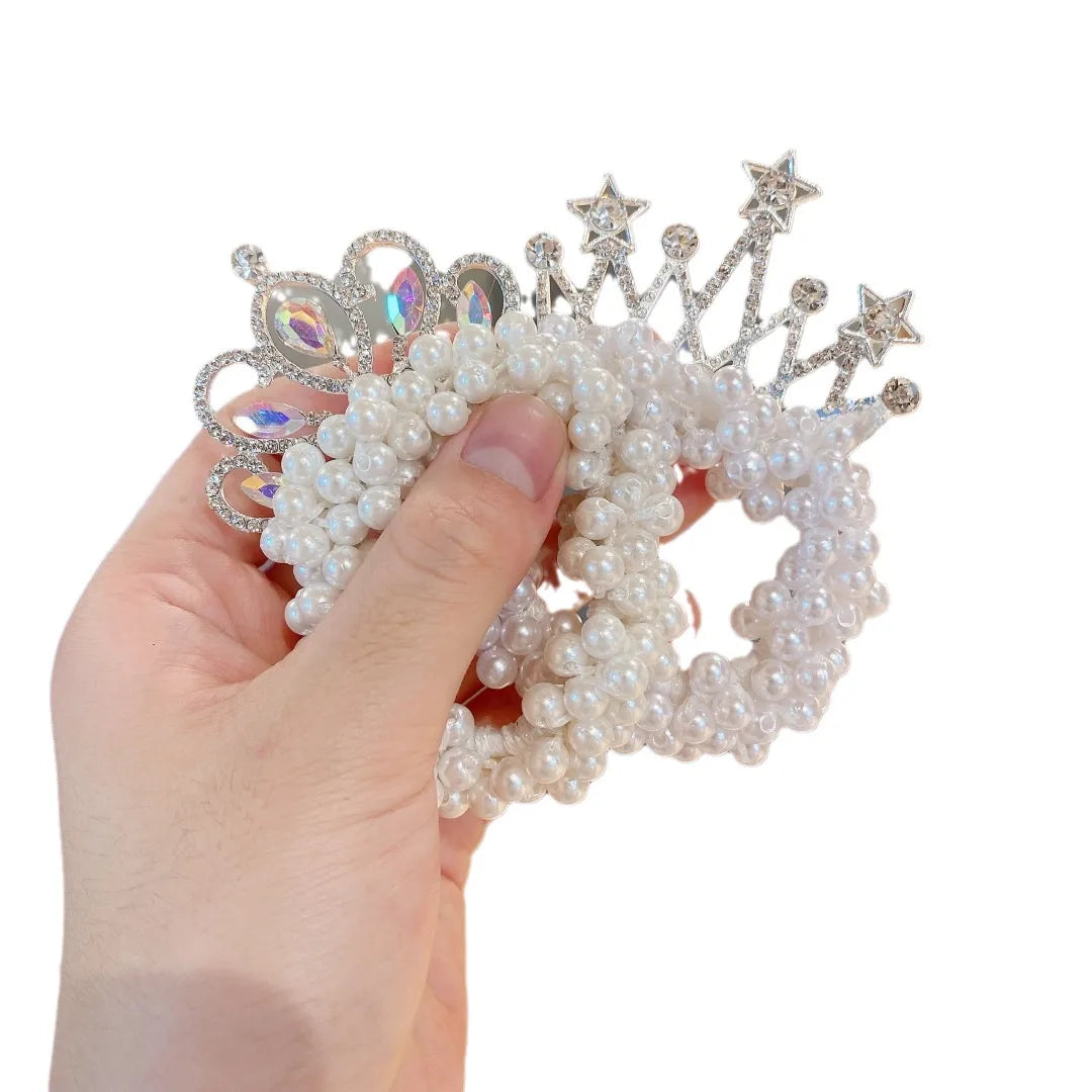 Children'S Princess Crown Hair Accessories Pearl Ball Hair Loop Hair Rope Little Girl Hair  Pearl Crown