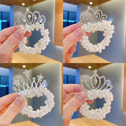 Children'S Princess Crown Hair Accessories Pearl Ball Hair Loop Hair Rope Little Girl Hair  Pearl Crown