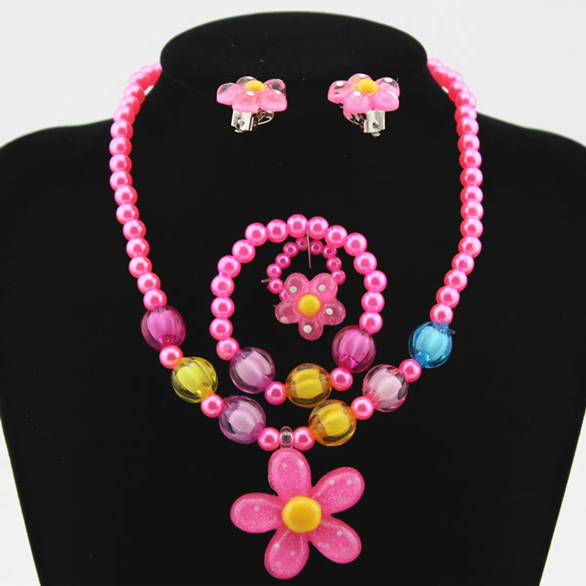 Children's Resin Necklace Bracelet 4 Pcs Set Rings Ear Studs Girls' Plastic Flower-shaped Set Wholesale