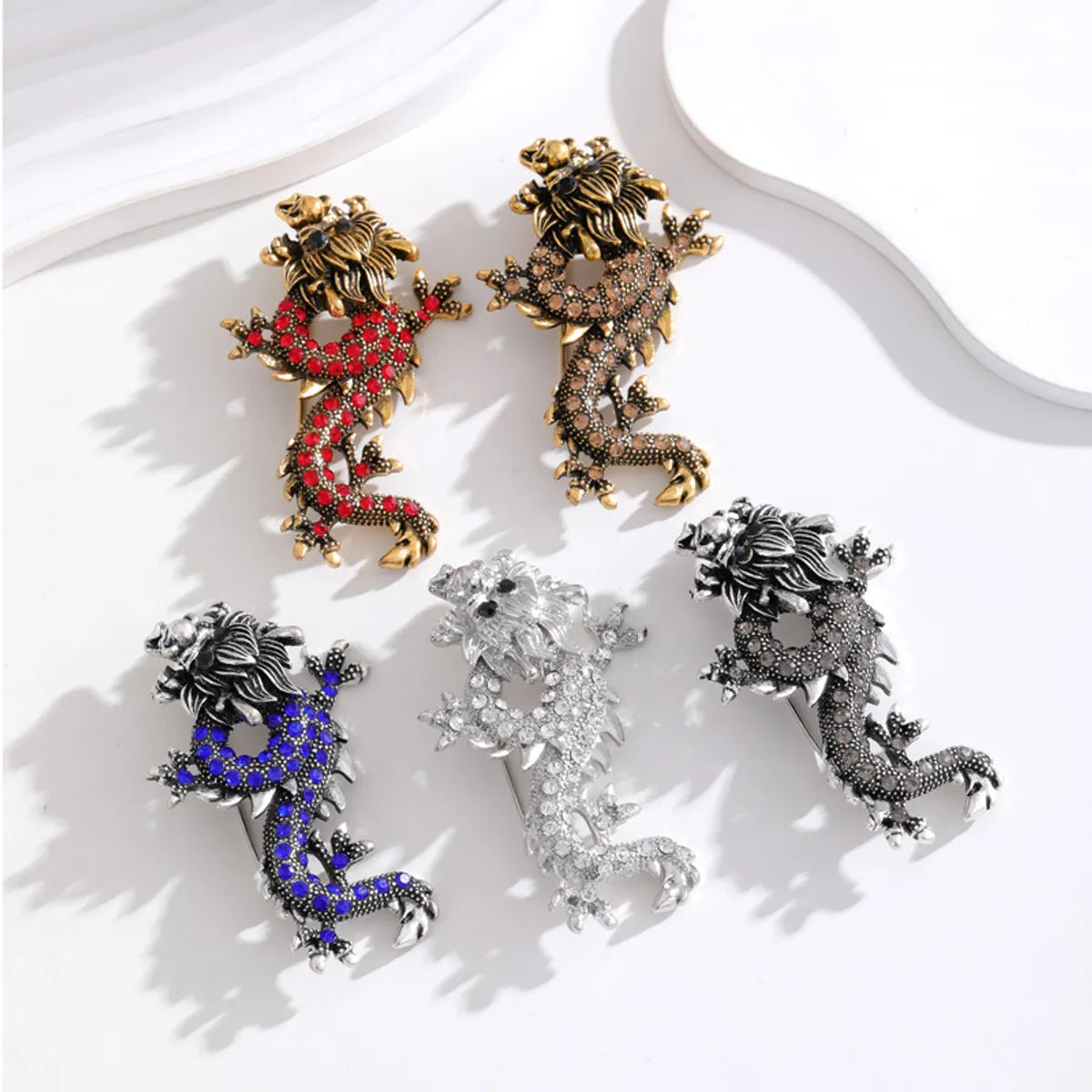 Chinoiserie Animal Dragon Alloy Inlay Rhinestones Pearl Adults Unisex Corsage Brooches Collar Pin