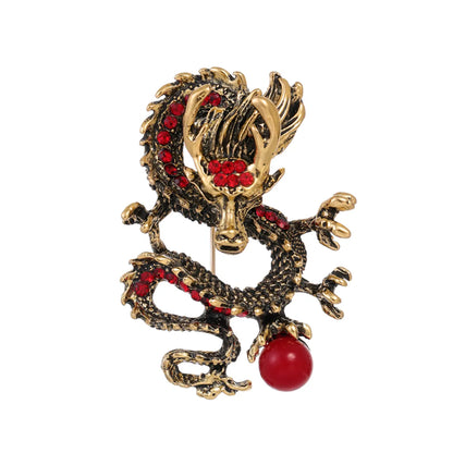 Chinoiserie Animal Dragon Alloy Inlay Rhinestones Pearl Adults Unisex Corsage Brooches Collar Pin