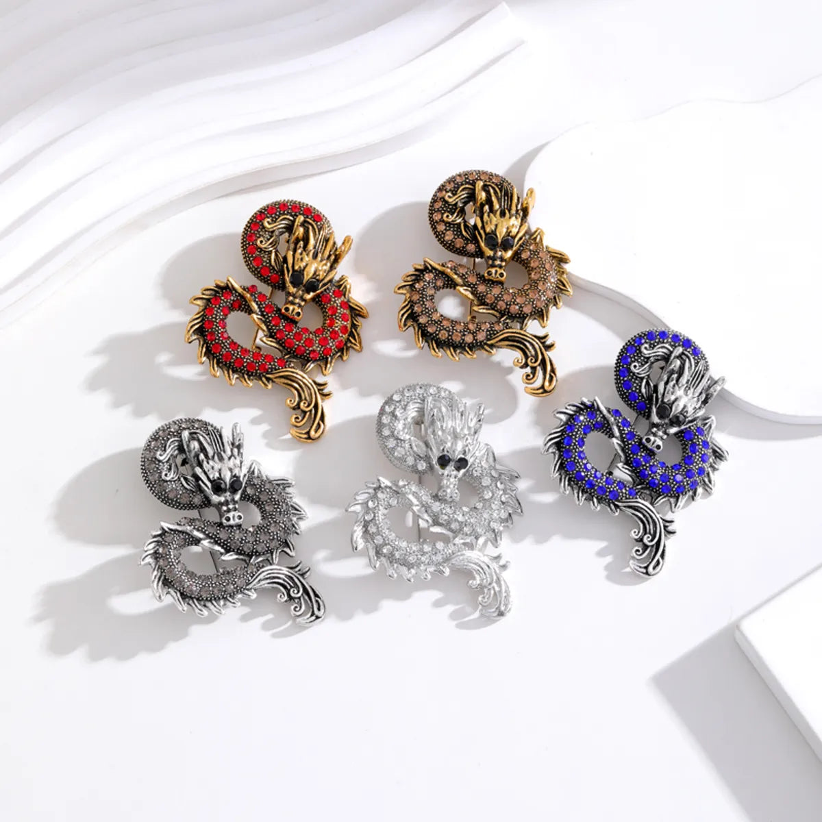 Chinoiserie Animal Dragon Alloy Inlay Rhinestones Pearl Adults Unisex Corsage Brooches Collar Pin