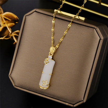 Chinoiserie Bamboo Titanium Steel Plating Inlay Artificial Gemstones Pendant Necklace