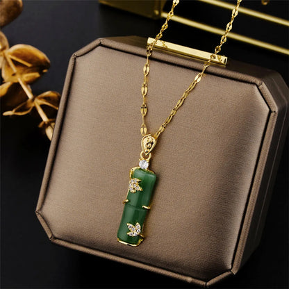 Chinoiserie Bamboo Titanium Steel Plating Inlay Artificial Gemstones Pendant Necklace