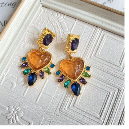 Chinoiserie Heart Shape Mixed Materials Plating Glass Women's Earrings 1 Pair