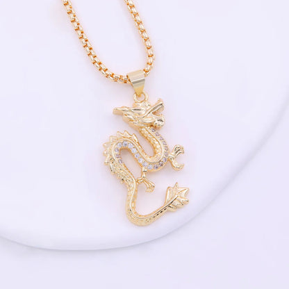 Chinoiserie Hip-hop Cool Style Dragon Copper Plating Inlay Zircon 18k Gold Plated Unisex Pendant Necklace