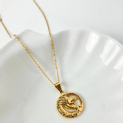 Chinoiserie Retro Dragon Stainless Steel Plating Gold Plated Pendant Necklace