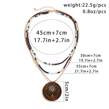 Chinoiserie Retro Vacation Round Tree Leaves Alloy Wood Board Seed Bead Irregular Beaded Tassel Women'S Layered Necklaces