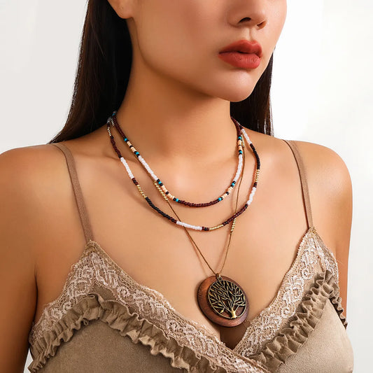 Chinoiserie Retro Vacation Round Tree Leaves Alloy Wood Board Seed Bead Irregular Beaded Tassel Women'S Layered Necklaces