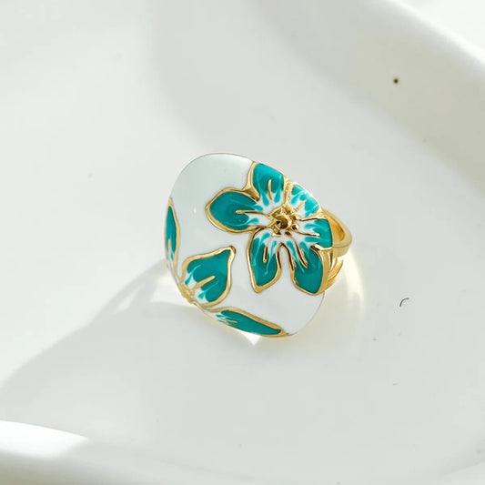 Chinoiserie Vintage Style Pastoral Flower Stainless Steel Enamel Plating Gold Plated Rings