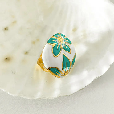 Chinoiserie Vintage Style Pastoral Flower Stainless Steel Enamel Plating Gold Plated Rings