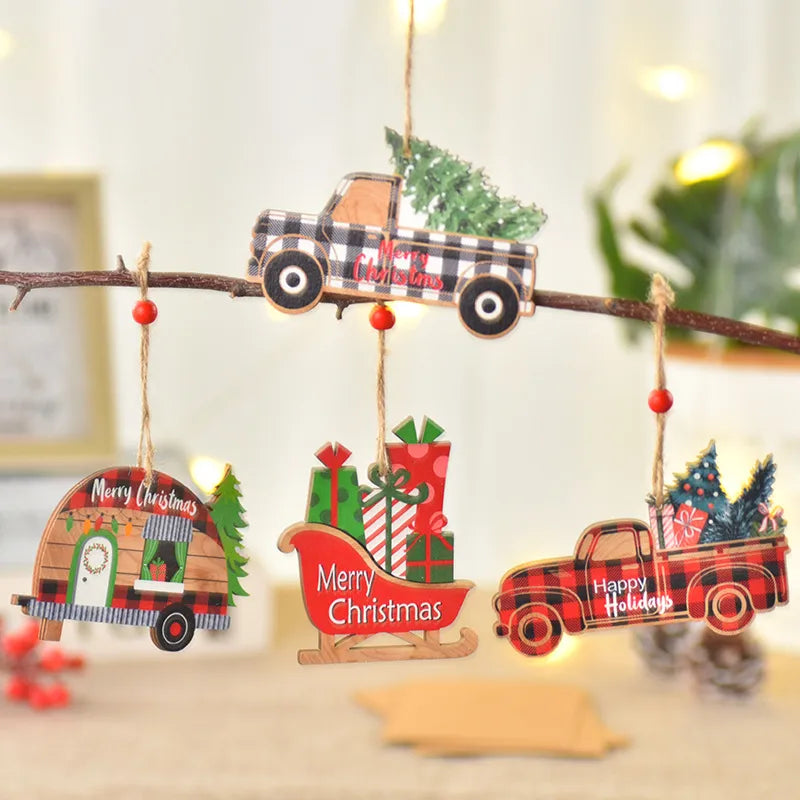 Christmas Cartoon Style Cute Car Wood Party Festival Hanging Ornaments