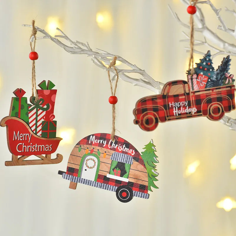 Christmas Cartoon Style Cute Car Wood Party Festival Hanging Ornaments