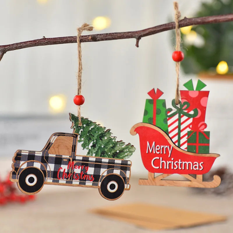 Christmas Cartoon Style Cute Car Wood Party Festival Hanging Ornaments