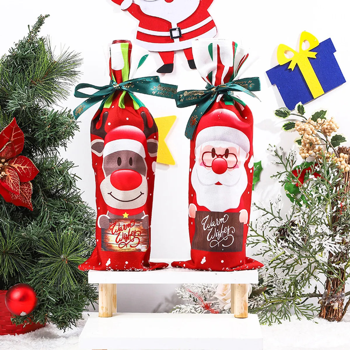 Christmas Cartoon Style Cute Santa Claus Snowman Elk Cloth Party Festival Bottle Cover