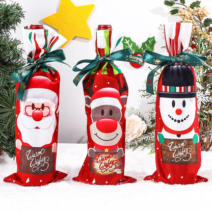 Christmas Cartoon Style Cute Santa Claus Snowman Elk Cloth Party Festival Bottle Cover