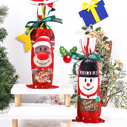 Christmas Cartoon Style Cute Santa Claus Snowman Elk Cloth Party Festival Bottle Cover