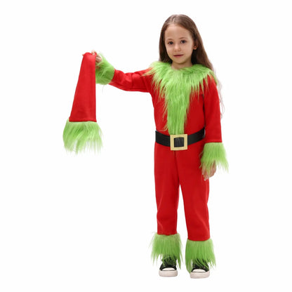 Christmas Costume Christmas Green Fur Monster Cos Children'S Performance Costume Christmas Dress Up Party Campus Festival Performance Costume